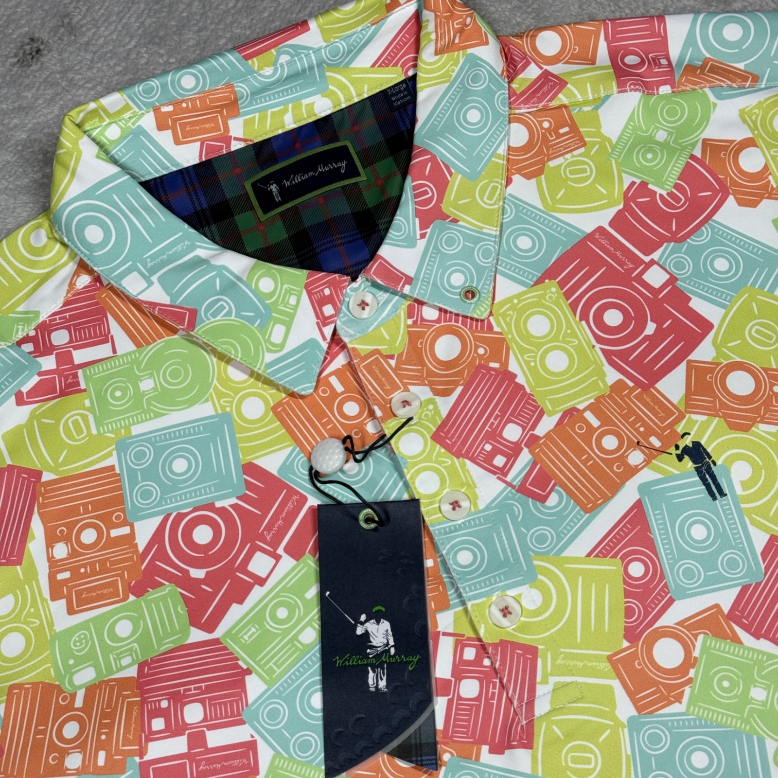 William Murray Golf Polo Mens Xl White Camera Print Short Sleeve Performance New
